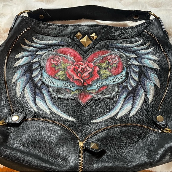 Isabella Fiore Black Leather Bag with Heart and Wings Design - Picture 2 of 6